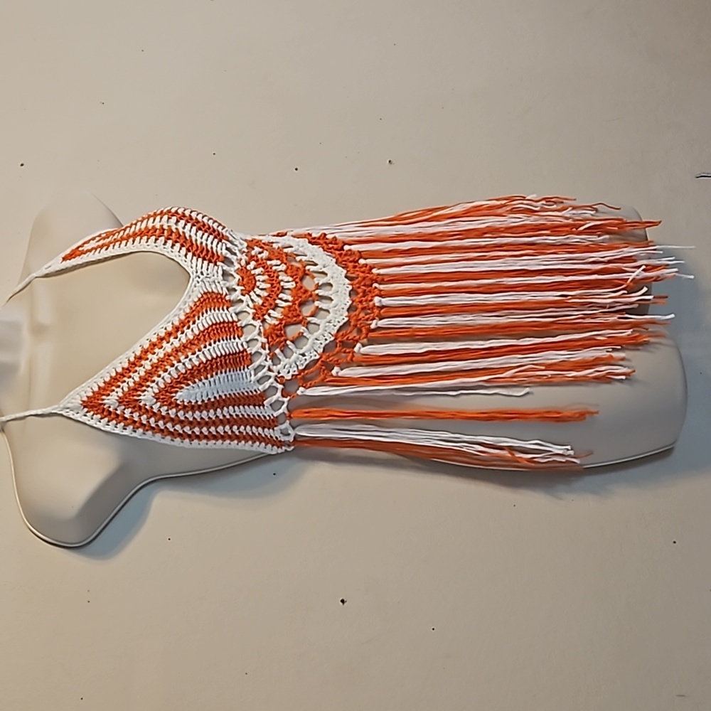 Hand Crafted Crochet Orange White Crop Top Fringe Summer - Picture 3 of 17